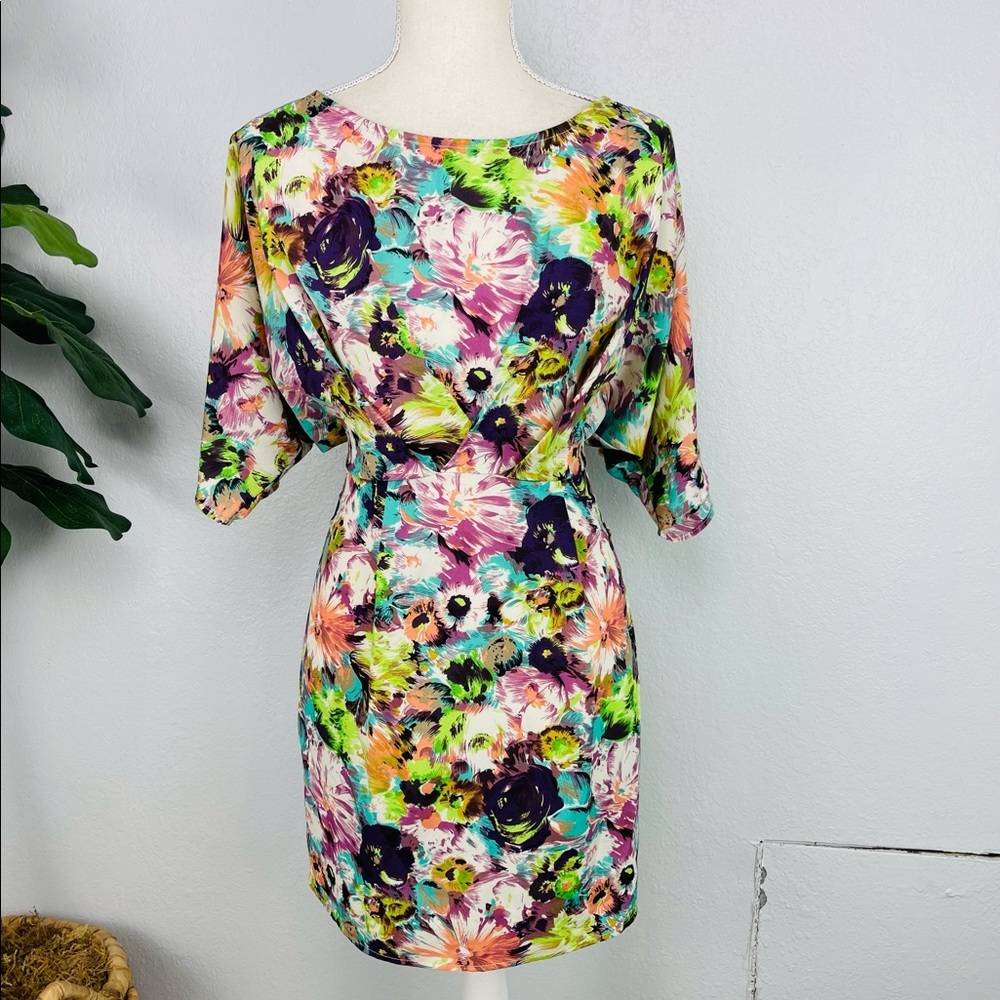 My Story Colorful Floral spring Mid Sleeve Pleated Dress